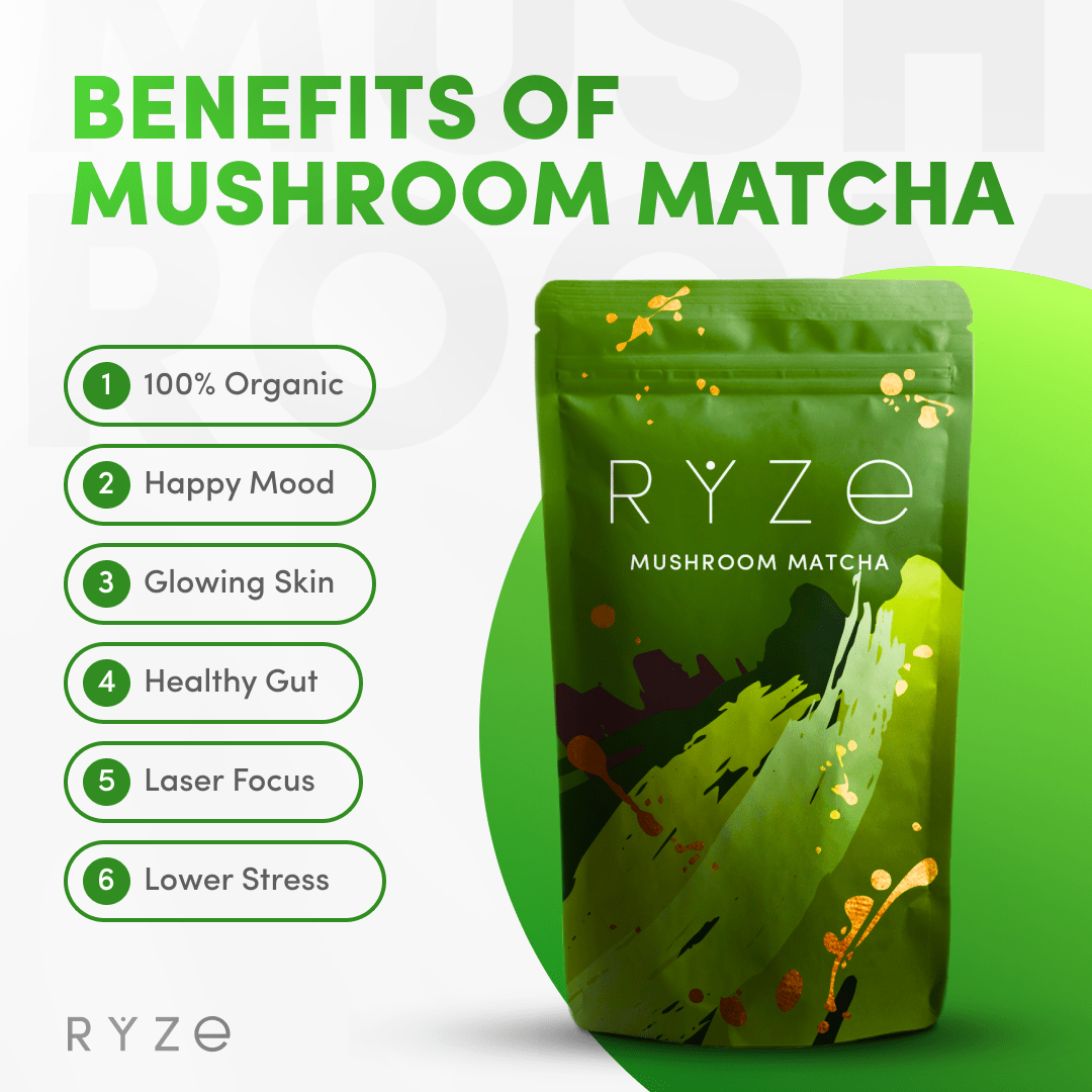 RYZE Mushroom Matcha - with 6 Organic Adaptogenic Mushrooms Grown In USA and Ceremonial-Grade Japanese Matcha - 1OC0