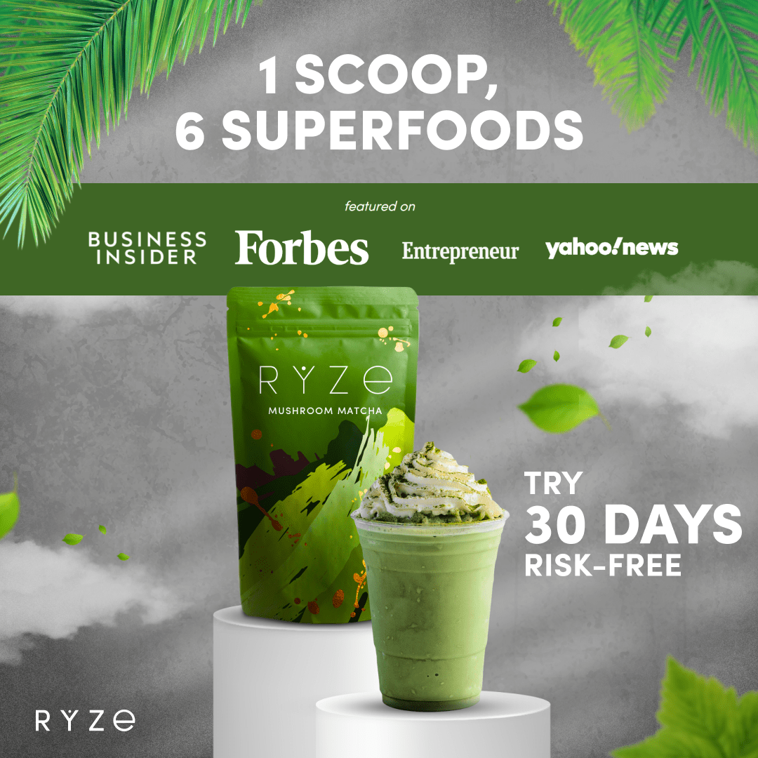 RYZE Mushroom Matcha - with 6 Organic Adaptogenic Mushrooms Grown In USA and Ceremonial-Grade Japanese Matcha - 1OC0